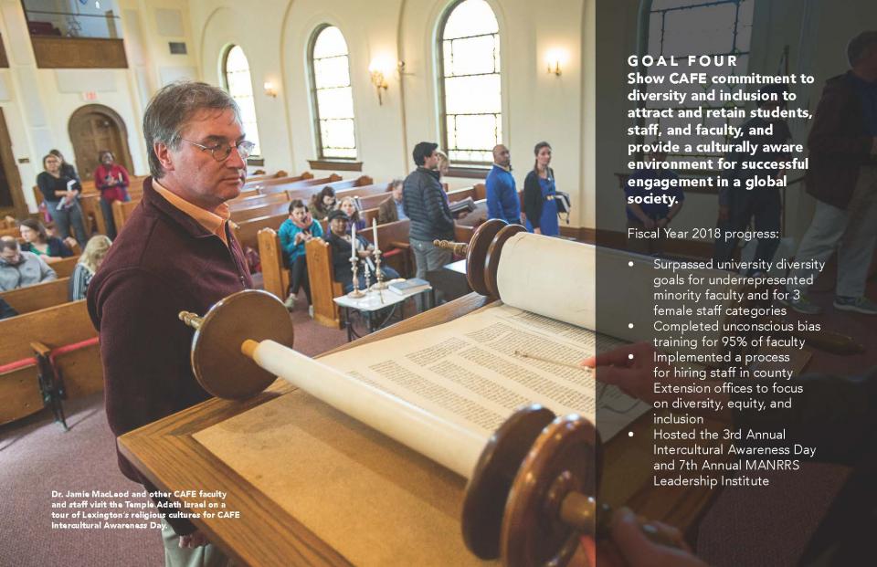 Dr. Jamie MacLeod and other CAFE faculty and staff visit the Temple Adath Israel on a tour of Lexington's religious cultures for CAFE International Awareness Day.