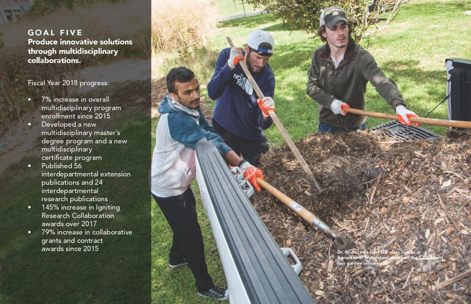 Dr. Brian Lee's Gen 100 class (Issues in Agriculture-Watershed) mulch the CATchment rain garden on campus.